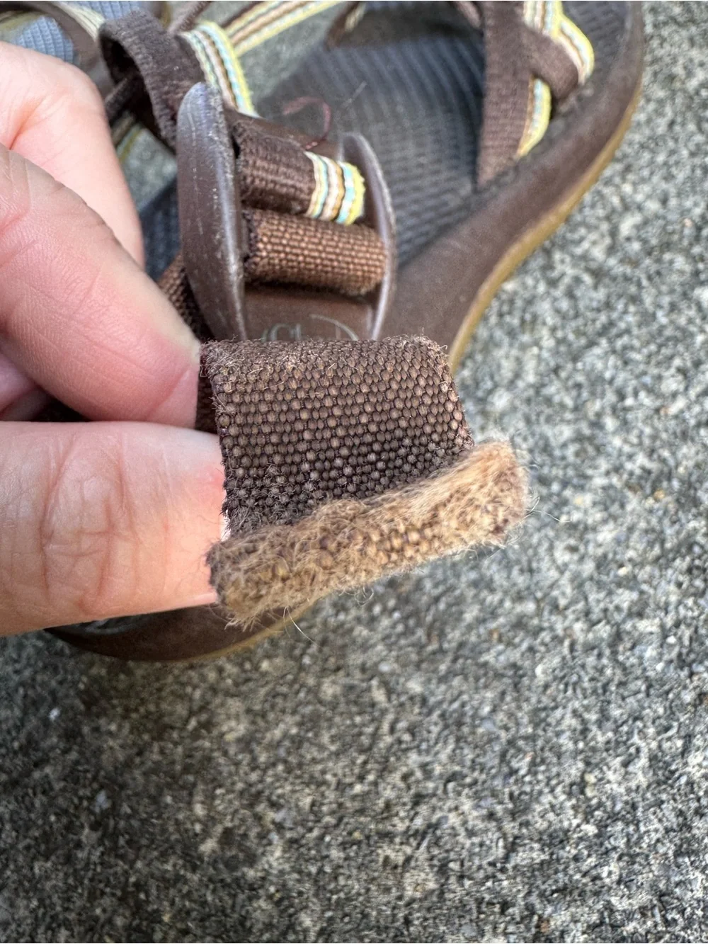 Chaco Kids Brown Sandals with Yellow and Green Stripe Size 1 No Toe Strap